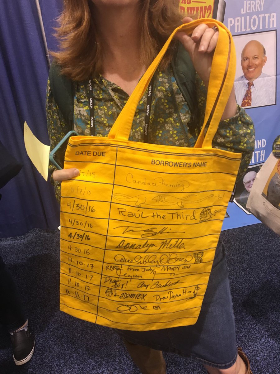 Hey @OutofPrintTees look at what I found @ #AASL17 She has Authors sign her bag. Great idea!