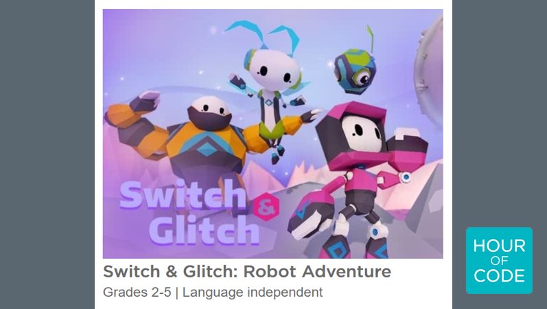 codeorg's tweet photo. Perfect for an #HourOfCode with elementary school students, Switch &amp; Glitch by @TeacherGaming lets you play the hero! Program cute robots to save the day. The galaxy needs you to learn programming, loops, and debugging! https://t.co/ouf9XBRymE https://t.co/pn50hW0sgV