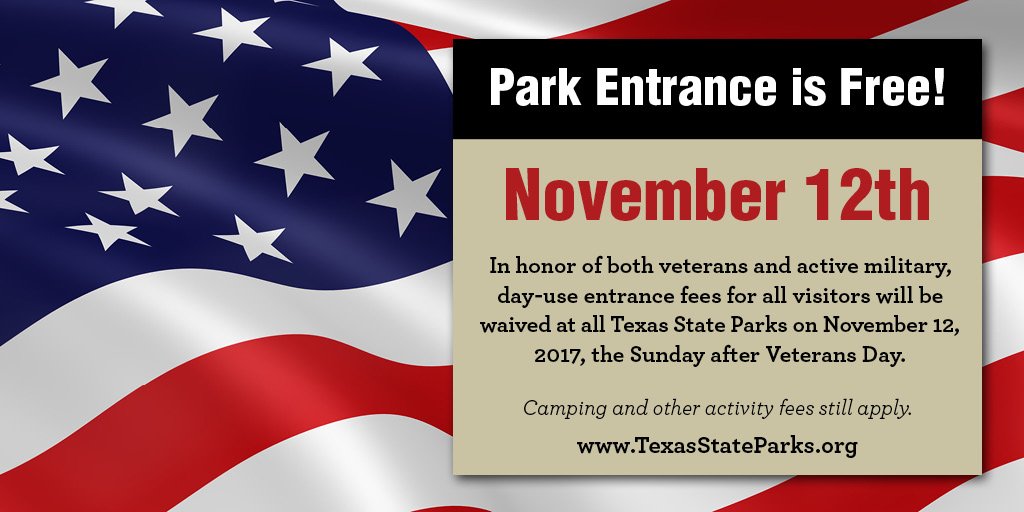 TPWDparks's tweet photo. Day entry to Texas State Parks is free TODAY for all visitors in honor of veterans and active military. Find a park near you at https://t.co/5XYB9eO3SD  

#VeteransDay https://t.co/BzVMWGY38Z
