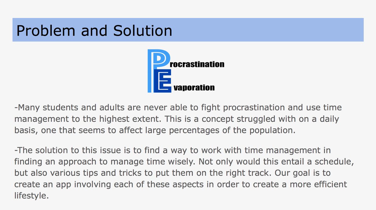 p_evaporation's tweet photo. Here is our finalized pitch. We hope you enjoy and if you have any interest in becoming a part of our business, send us an email at ProcrastinationEvaporation@gmail.com. Leave any questions in the comments section below. Part 1/4 https://t.co/8em5GdzmkR