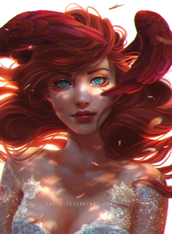 DeviantArt's tweet photo. Fiery feathers and hair frame an effervescent girl in this stunning portrait. https://t.co/x4aeQN9s0t https://t.co/t4WfS4rsZy