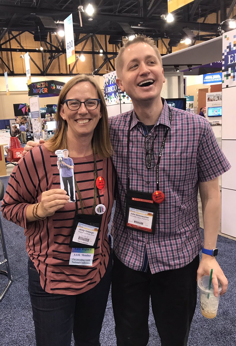 Trying to win the @MrSchuReads visit from @Scholastic when who should appear? Got caught being sneaky with my photo #lovelibraries #AASL17