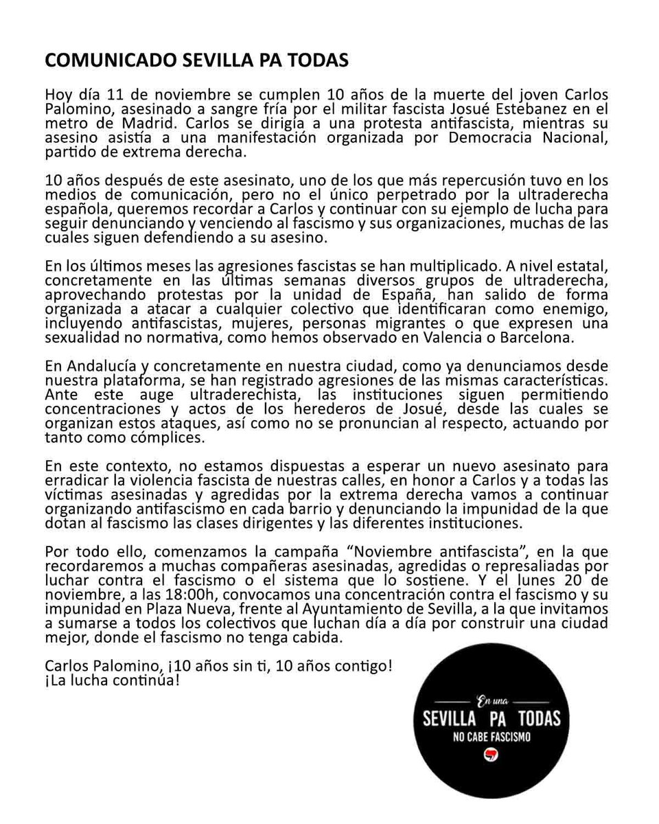 SVQPATODAS's tweet photo. Comunicado de Sevilla Pa Todas en recuerdo de Carlos Palomino, ¡el mejor homenaje continuar tu lucha! #NoviembreAntifascista #Carlosvive https://t.co/IRAYPMC6Da