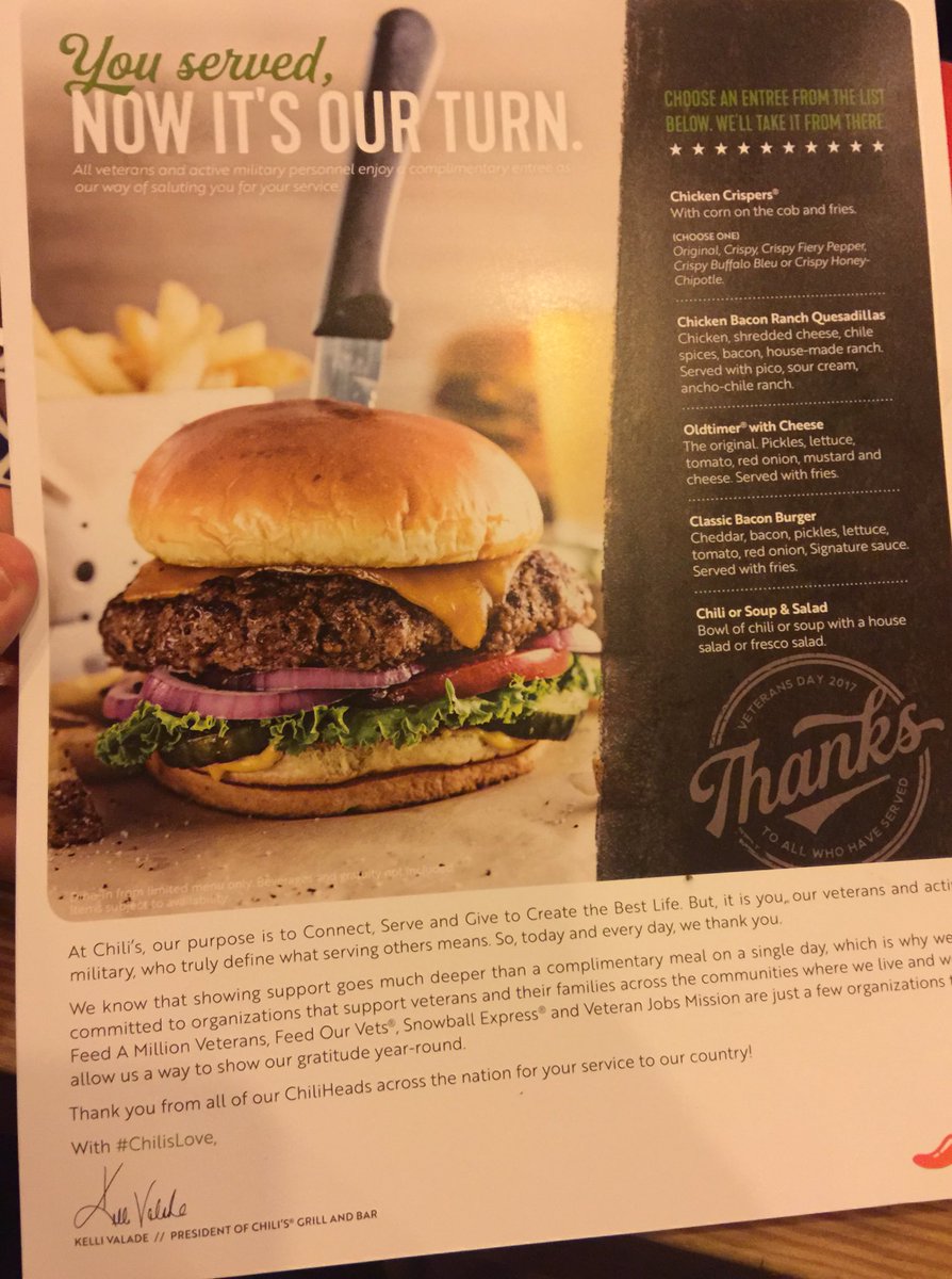 SeanKellyComedy's tweet photo. Thank you Chili’s for the free Veterans dinner #ChilisLove Charlotte NC treating veterans great!! #DieselGoat #StorageHunters https://t.co/M6JHxdd7i1