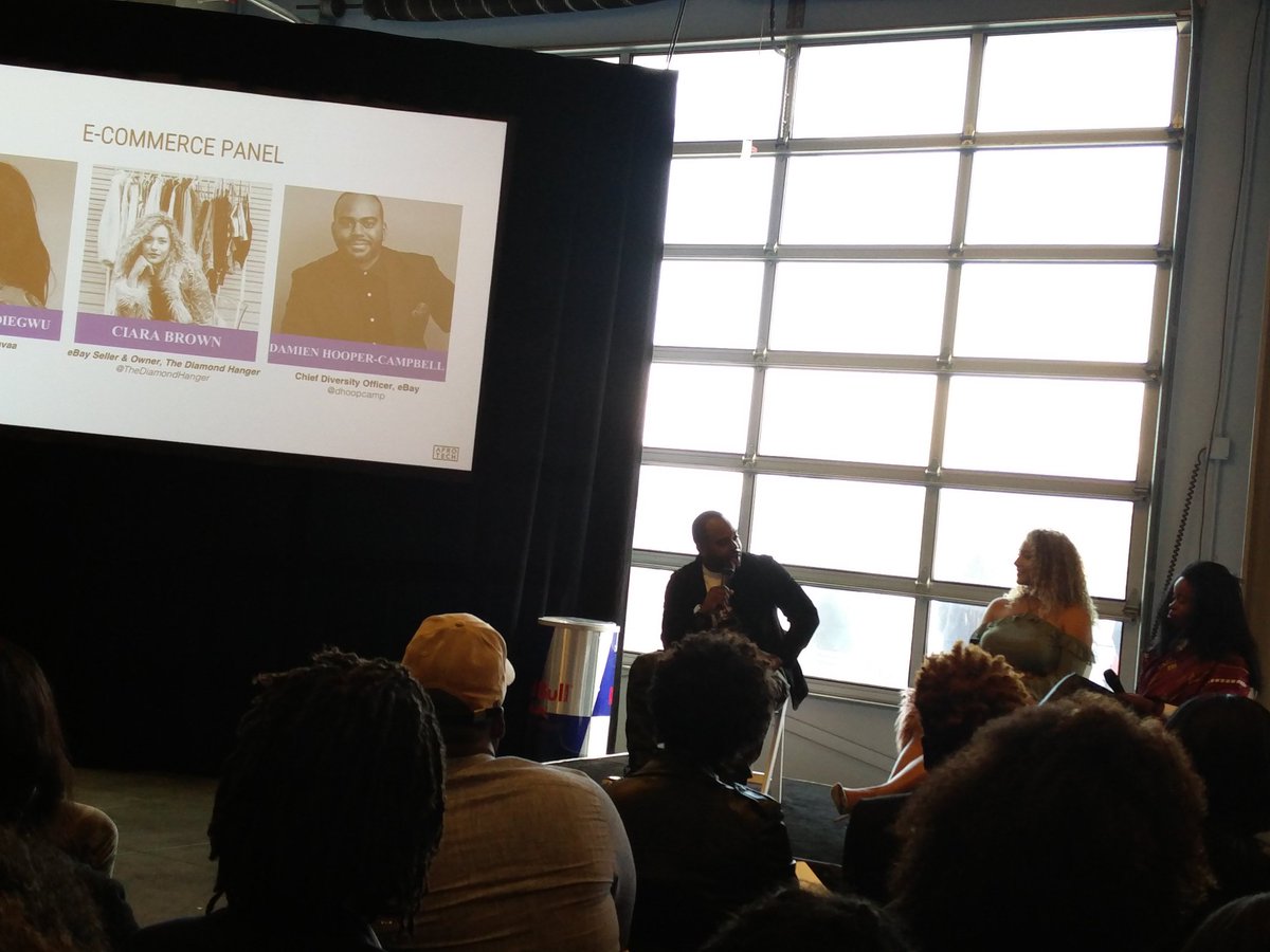simplyIdy's tweet photo. @dhoopcamp @thediamondhanger @KelechiUjuu taking about accelerated growth in #e-commerce in the coming years taking place outside Europe. Shameless plugs for @eBay on the side  #AfroTech https://t.co/x1hKjVbGO8