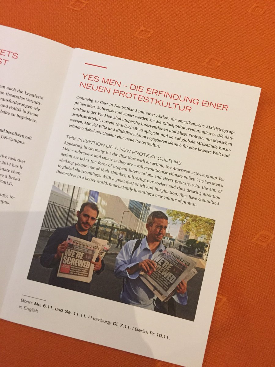 FIW_Bonn's tweet photo. A special thanks to ‘Save the World’ from @Theater_Bonn, the Liaison Office International Academic Sciences and @LENTFER_FILM for working together with us and making this possible! #btbn #cop23 #theyesmen https://t.co/luyHzWvqMv