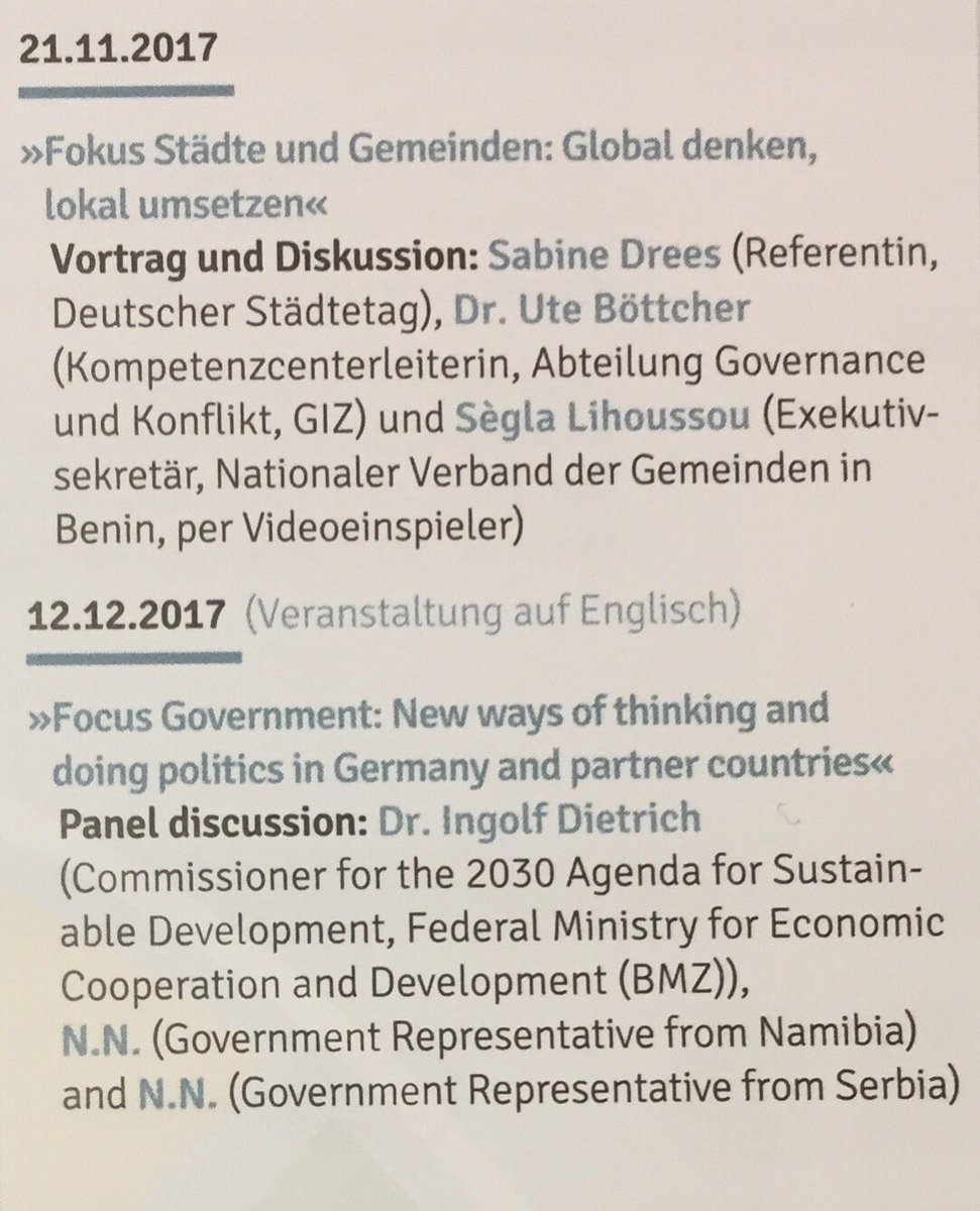 FIW_Bonn's tweet photo. Don’t forget to join us at the next event of our lecture series #weltimwandel on Nov 21: “Fokus Städte und Gemeinden: Global denken, Lokal umsetzen”.
Also save the date for our next English event on Dec 12: “Focus Government: New ways of thinking...” Come along! #btbn #COP23 https://t.co/DBT1MHQpPc