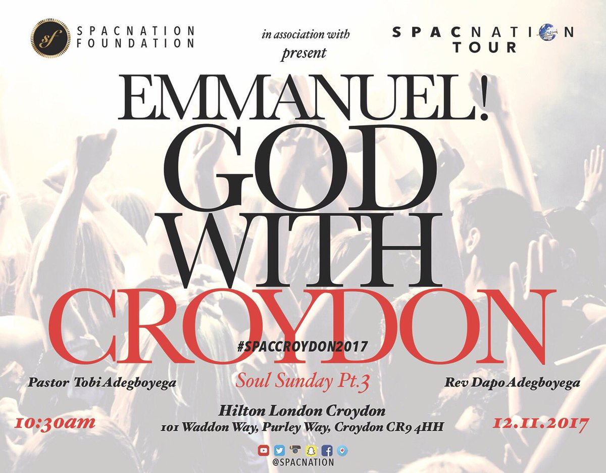 SPACNxtion's tweet photo. Tomorrow our service will be held in Croydon! Are you ready?
LOCATION: Hilton London Croydon,101 Waddon Way, Purley Way, Croydon CR9 4HH
TIME: 10:30am
You don't want to miss it ๐
#SPACinCroydon
#SoulsCelebration
#SpacCroydon2017 https://t.co/Sx7TUsJQJT