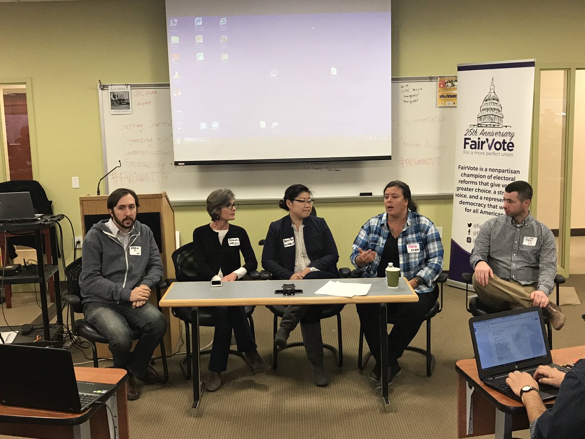 fairvote's tweet photo. Panelists: Adam Friedman, @voterchoiceMA; Jeanne Massey, @FairVoteMN; Jennifer Pae, @FairVoteCA and Maria Perez, @FairVoteNM discuss building statewide organizations. #fvsummit17 https://t.co/kWCXYIkeXG