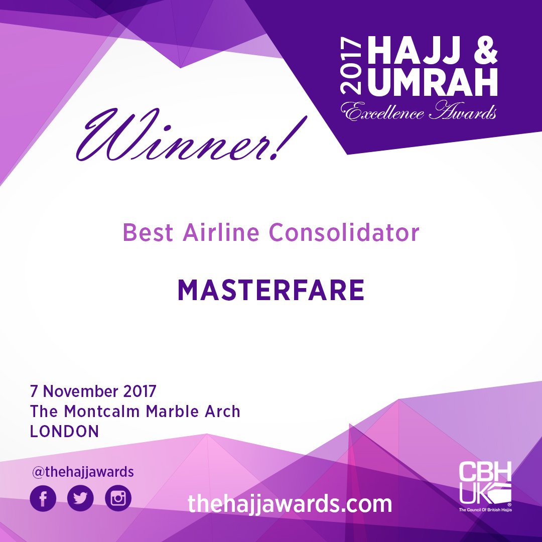 thehajjawards's tweet photo. Congratulations to #Masterfare  for winning the Best Airline Consolidator for #hajj &amp; #umrah as voted by the trade.  Award presented by Rob Cannavo from Gold Global to the #Masterfare team. 

@cbhuk #thehajjawards #ukhuea #huea https://t.co/qTSp3Hhdla