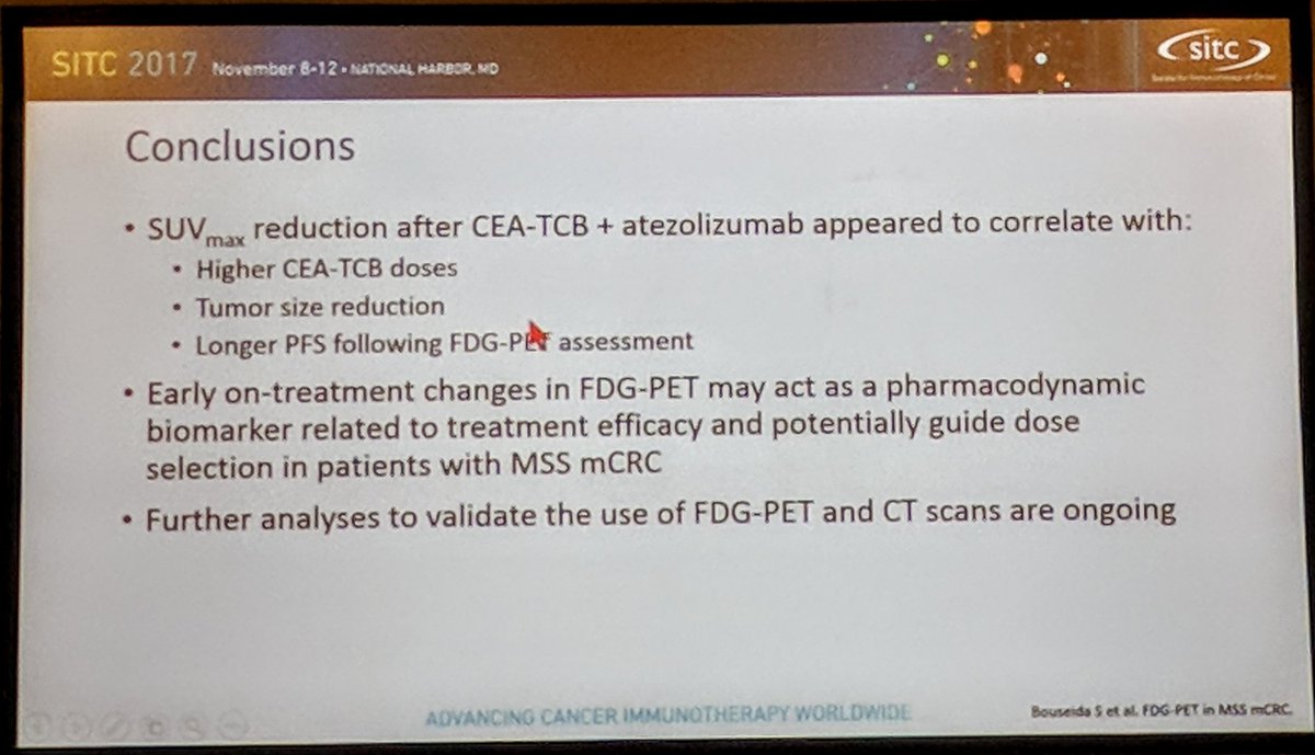 OncElias's tweet photo. The bispecific #CEA-TCB plus #atezolizumab in #microsatelliteStable #ColonCancer & role of PET scan in predicting response. Data just presented at #SITC2017 https://t.co/oHqsWNae5c
