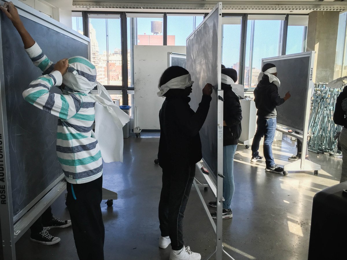 CooperSatPro's tweet photo. Sound Composition students first learn to focus their listening by visually interpreting sounds. Sometimes even blindfolded! Can't wait to see the result of their auditory findings! #cooperunion #saturdayprogram #since1968 https://t.co/5IrZA6J38B