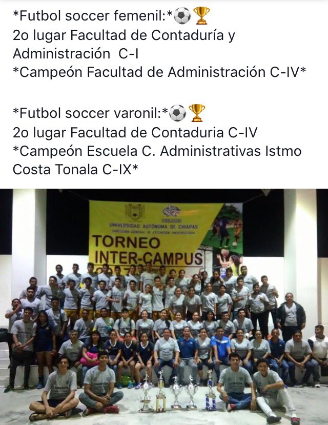 ContraPNoticias's tweet photo. Felicidades a todos los participantes del Torneo Inter-Campus 2017 y sus campeones #UNACH #OrgulloOcelote @comunica_unach @EnTuxtla2 @Bersa76 @pedrogerardo26 @yAdimv @JackieCastLeon @LeonardoHdz26 @rubito13 https://t.co/9yyRHx2Ik7