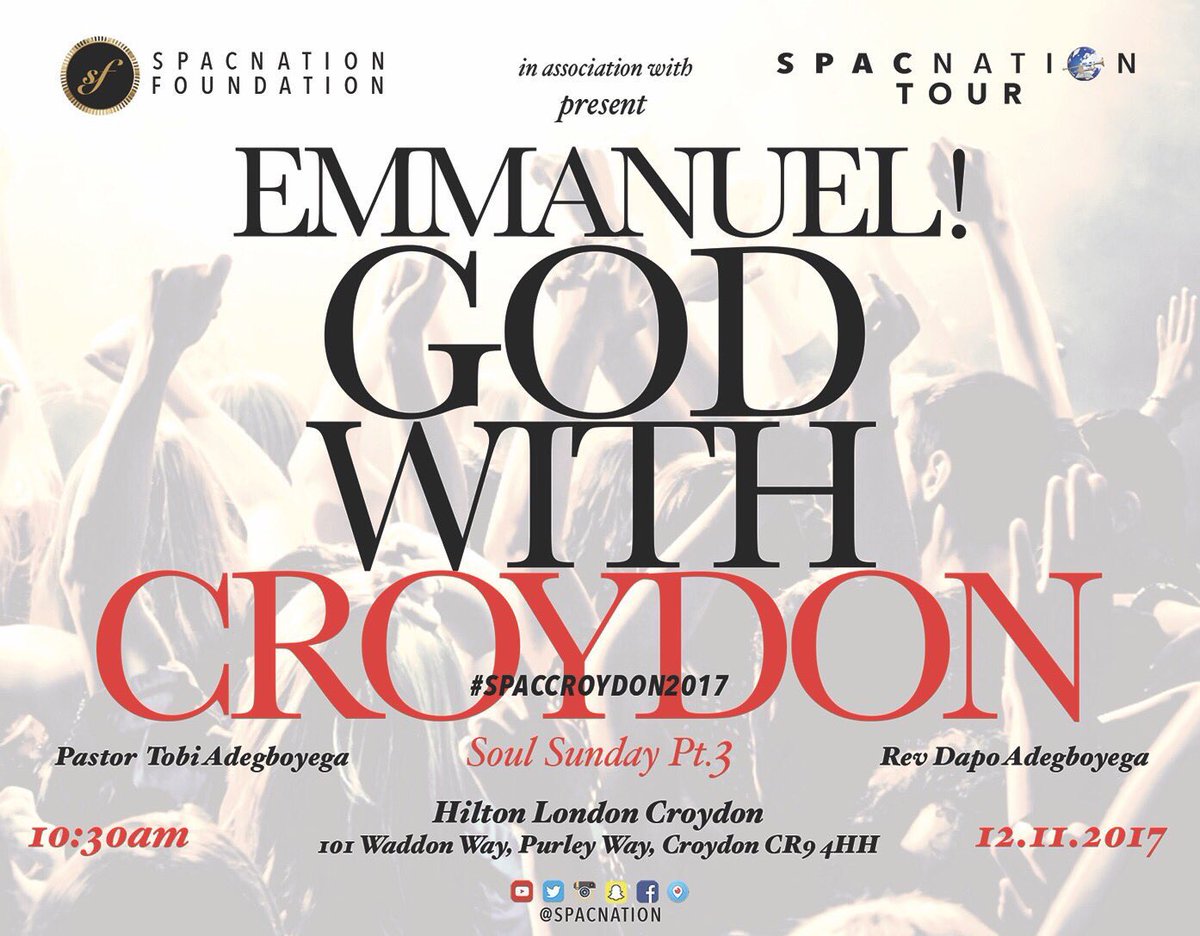 ConnectCity_'s tweet photo. Tomorrow @SPACnation service
will be held in our home ground Croydon! Are you ready?
LOCATION: Hilton London Croydon,101 Waddon Way, Purley Way, Croydon CR9 4HH
TIME: 10:30am
See you all tomorrow ๐
#CC
#SPACCroydon2017
#SPACTour https://t.co/F0UQ7JbuQm