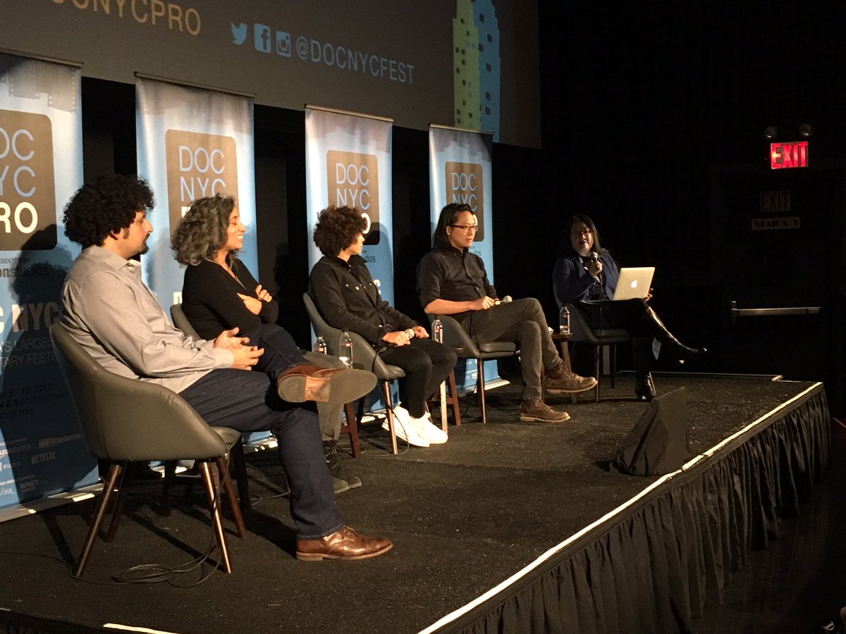 DOCNYCfest's tweet photo. The last panel of #DOCNYCPRO today is "Power and Perspective in Storytelling", w/ @GeetaGandbhir (Armed with Faith), Nadia Hallgren (Motherland), @maingmaing (High Tech,Low Live) &amp; @liminalED (@tobeheardDOC). Moderated by @rtajima. Co-presented by @FordFoundation &amp; @AADocNetwork. https://t.co/UMaADbu00T