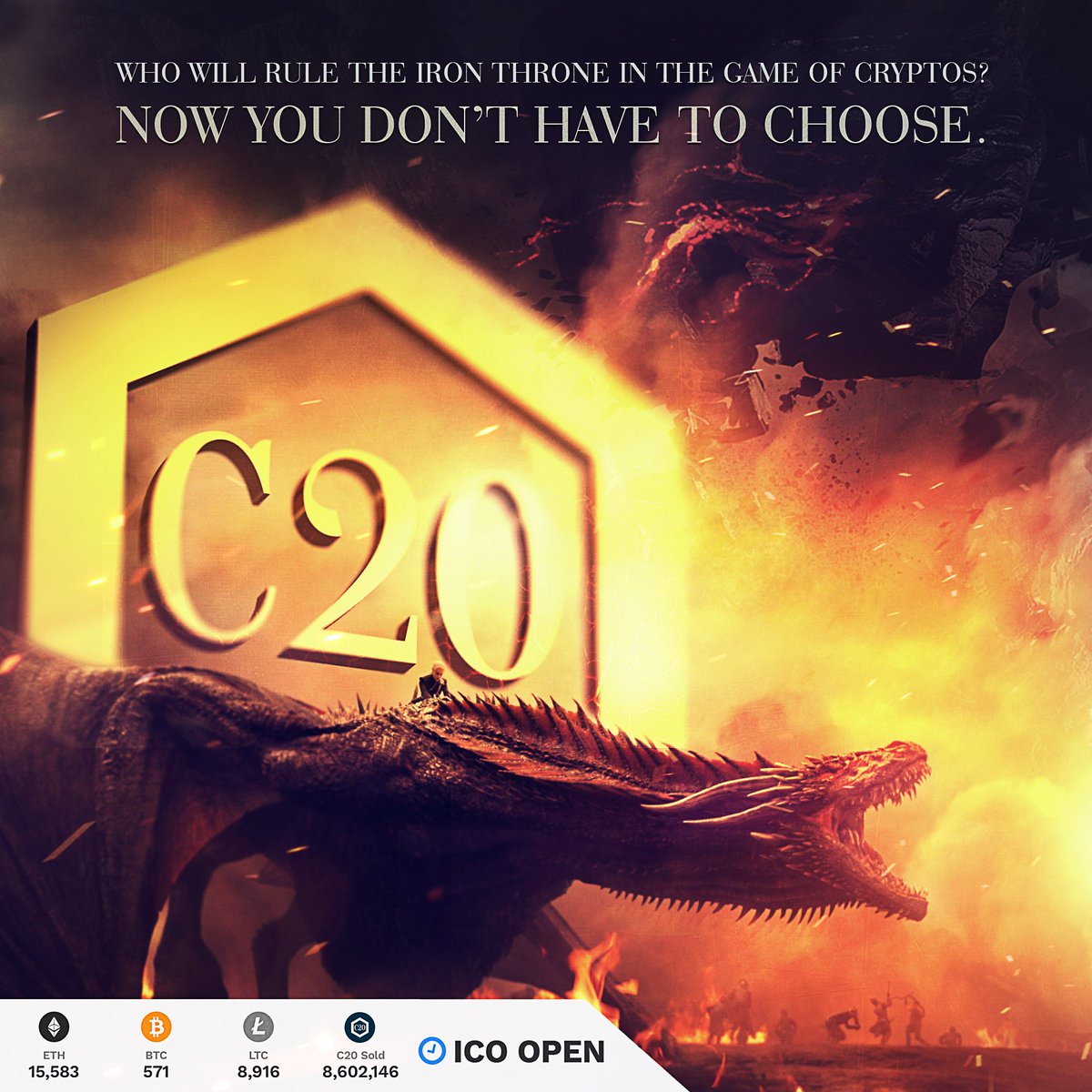 RecReal's tweet photo. Game of #Cryptos? Now you don't have to choose. OWN THEM ALL with only 1 #ICO. @CRYPTOtwenty captures the most sought after #Coins. Join now before it's too late at https://t.co/AeTK3u2n5B. There will never be more #c20 minted. $eth $btc $bch $ltc $neo $omg $qtum $iota $lsk $dash https://t.co/LnDIW8858M