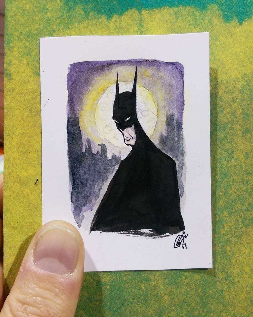 drawingupastorm's tweet photo. Tiny #Batman #commission at #EuCon. #eugenecomiccon #thumbforscale #darknight #gotham #watercolors https://t.co/xYkI5kmfed