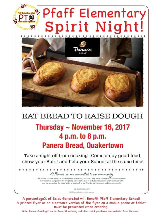 Pfaff spirit night at Panera this Thurs 11/16 4-8 P.M. - show this picture when you order! #pfaffproud