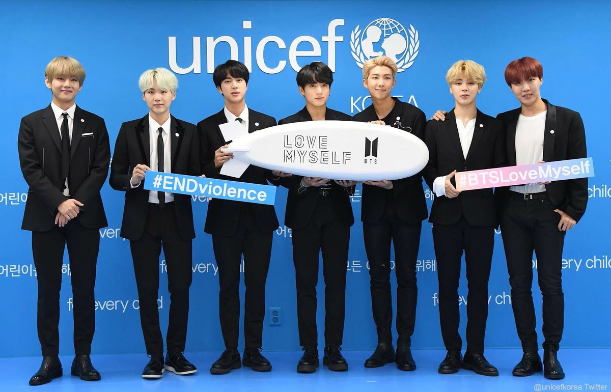 UNICEF's tweet photo. ICYMI: @BTS_twt 🎶 are raising their voices to #ENDviolence against children → https://t.co/kAoCF9PjYM #BTSLoveMyself https://t.co/2Iz1N6vVP2