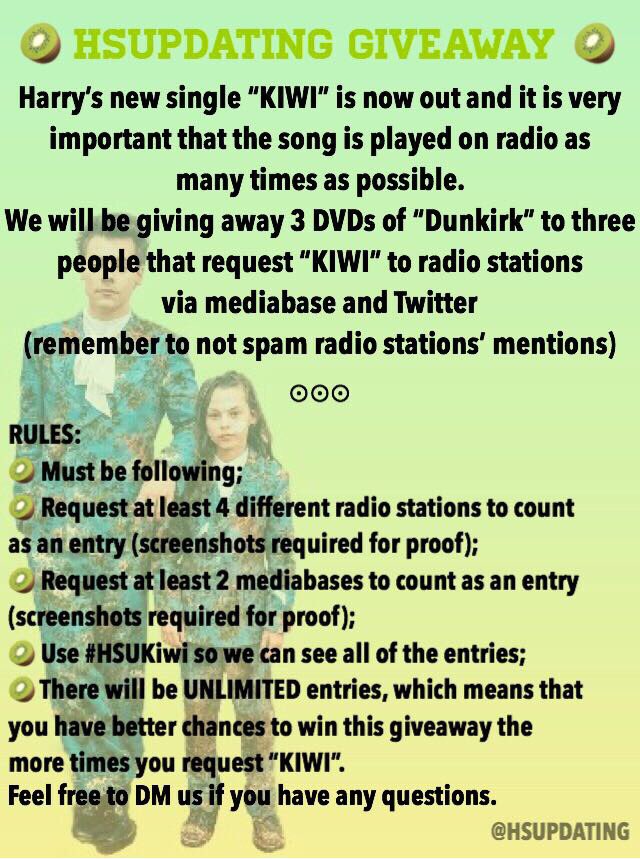HSUpdating's tweet image. 🥝| Giveaway:
We will be giving away copies of Dunkirk if you help request Harry's new single, Kiwi.

Tweet us your pictures using #HSUKiwi

Pre-generated tweets and mediabases: 

stylezpromo.tumblr.com/post/165248660…