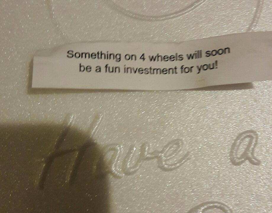 tootthebird's tweet photo. My dad got a fortune cookie yesterday that said "something on 4 wheels will soon be a fun investment for you!"..... I totaled my car yesterday. I think "fun" is a matter of opinion hahahaha https://t.co/JzvaMFdSeG