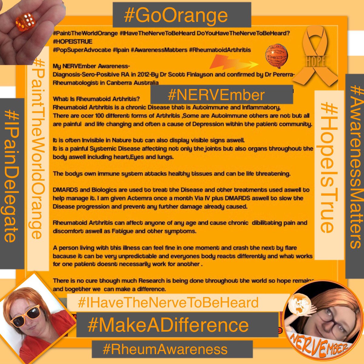unitedadvocacy's tweet photo. #RheumatoidArthritis my history/story #NERVEmber #paintTheWorldOrange #IHaveTheNerveToBeHeard #DoYouHaveTheNerveToBeHeard? #HopeIsTrue #NERVEPainAwareness #Neuropathy #GoOrange #UnitedWeStandHandToHand https://t.co/CBgfX95CkQ