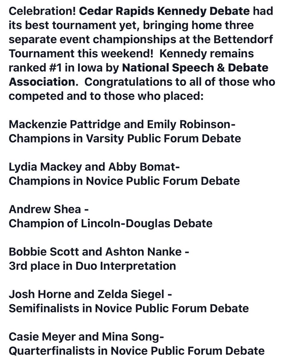 CRKennedyHigh's tweet photo. Way to Debate, @CRKennedydebate!!  They dominated the Bettendorf tournament this weekend with three event championships!! Look at all that 🏆! #GoCougs #DebateHard
Wish them luck as they travel to Chicago next weekend for the #Glenbrooks tourney one of the largest in the country. https://t.co/SC1ausi3BR