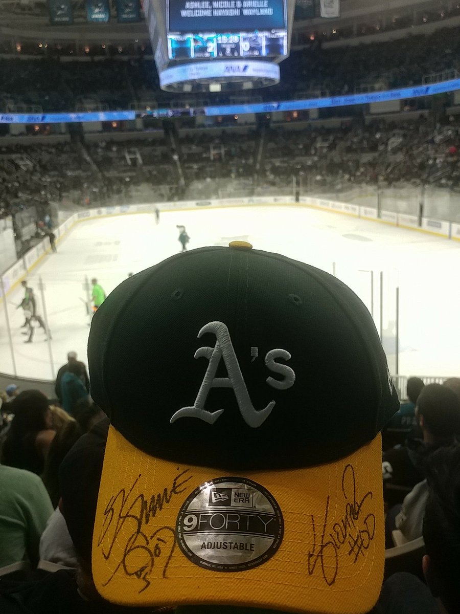 Stomper00's tweet image. To cap off @Athletics night at the Sharks, I'm giving away this @sjsharkie and Stomper signed A's hat. RT for a chance to win!