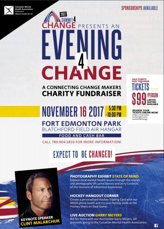 Get your tickets before it’s too late for Evening 4 Change. Come out and show your support for the 1 in 5 Canadians affected by #mentalhealth challenges. #yeg #yegevents bit.ly/2zuFMbj