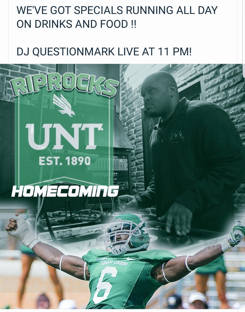 Denton2night's tweet photo. Tonight at  @riprocksdenton 
@DJQuestionMark1 is in the mixx. #UNT wins let's party.
#Denton #Dentonnightlife #Denton2night #UNT #fryst #UNTHomecoming2017 https://t.co/yITIfD0Fg8