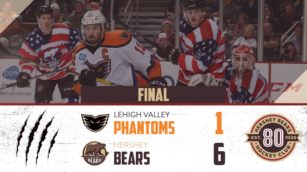 TheHersheyBears's tweet photo. A blowout? HOW SWEET IS THAT?!? The Hershey Bears beat the @LVPhantoms, 6-1 at Giant Center! Goals from Mitchell, Bau (2), Lewington, Simpson and Barber #HBH #DefendTheDen https://t.co/zHux8pP6QW
