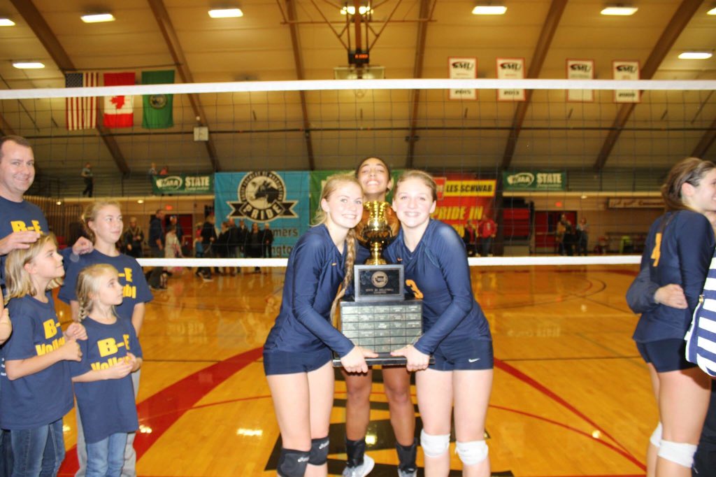 AlanaHandy's tweet photo. STATE CHAMPS! So proud of my babies and the rest of B-E vball! All y'all hard work has paid off. Nobody deserves it more! Celebration time🏆💍💙💛 https://t.co/fz8ZNworcj
