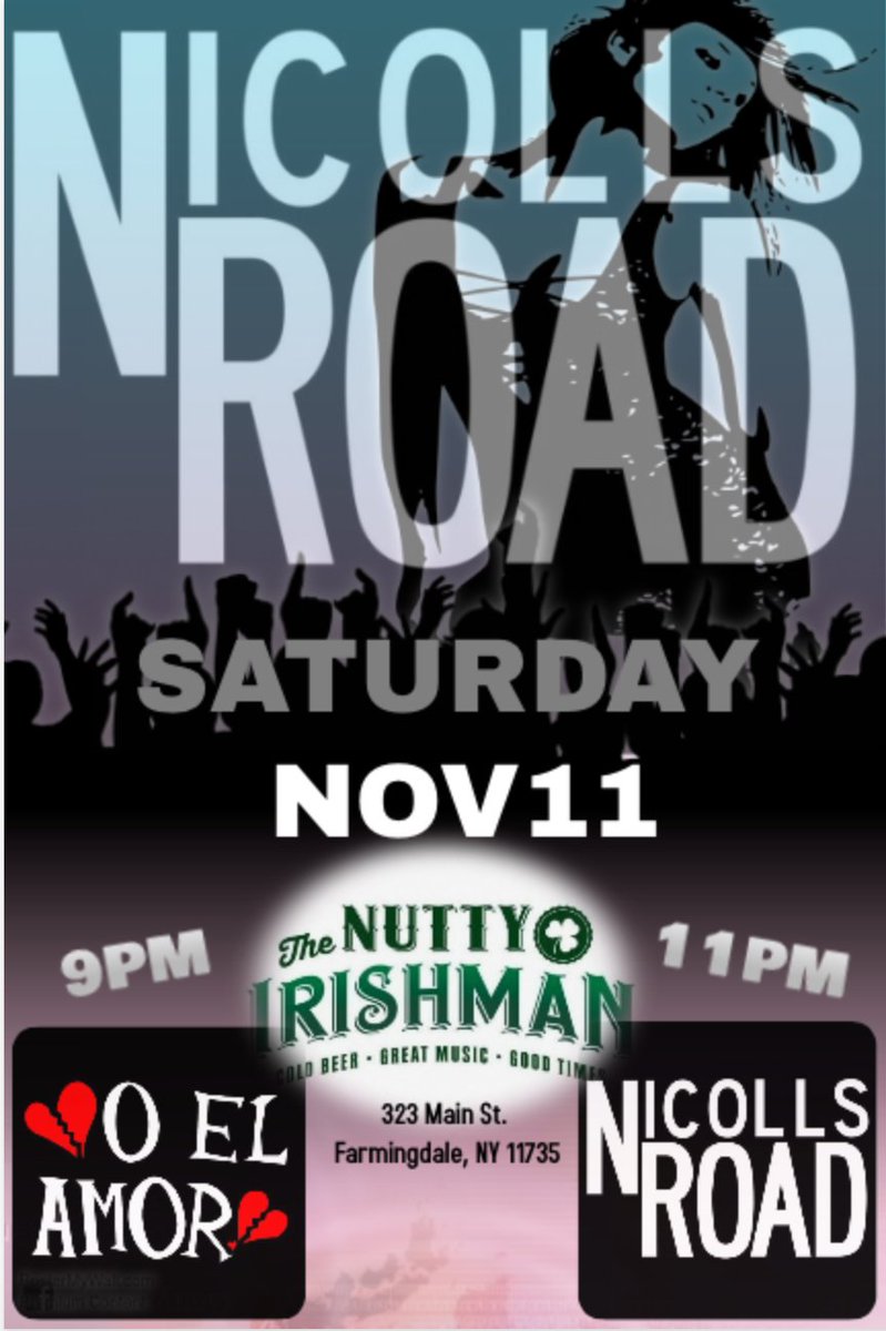 Nicolls Road (@nicollsroad) on Twitter photo TONIGHT!!! Catch us at <a href="/nuttyirishfdale/">Nutty Farmingdale</a> along with <a href="/oelamor/">O El Amor (Official)</a>, our favorite masked heartthrobs. They'll be trying to mend your broken hearts--that is, before we break them all over again at 11! Come early, stay late! TONIGHT!!! Catch us at <a href="/nuttyirishfdale/">Nutty Farmingdale</a> along with <a href="/oelamor/">O El Amor (Official)</a>, our favorite masked heartthrobs. They'll be trying to mend your broken hearts--that is, before we break them all over again at 11! Come early, stay late!