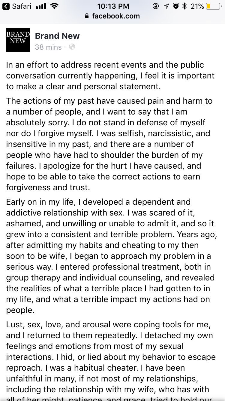 Sam H. Escobar on X: The fucked up thing about Jesse Lacey/@brandnewrock's  public apology tonight is that he uses the word “women” when, if you'll  recall, these accusations involve a 15-year-old.  /