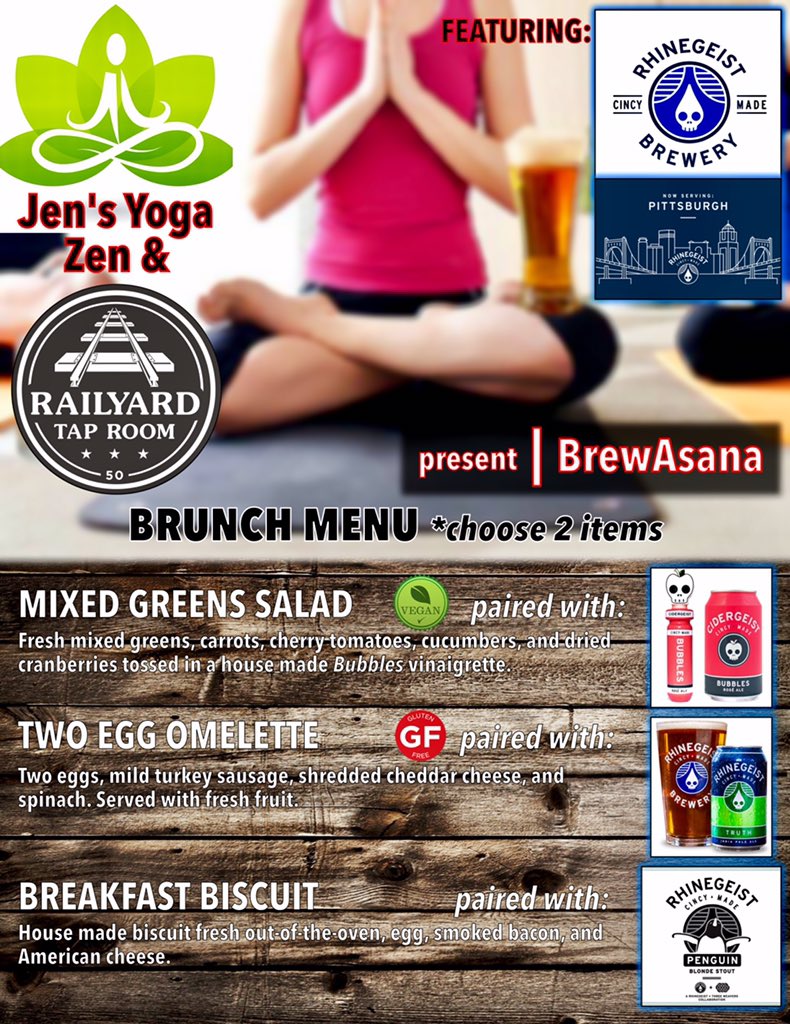 RailyardTap's tweet photo. @rhinegeist @RhinegeistAli Delicious paired brunch menu for tomorrow's #BrewAsana featuring #Bubbles, #Truth, and #Penguin! https://t.co/yhAbUFJJkj