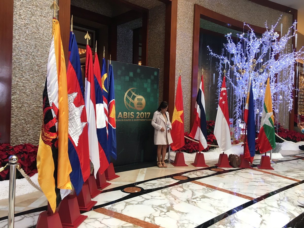 The flags of the ASEAN member nations at the main entrance of Solaire #ASEAN2017 <a href="/bworldph/">BusinessWorld</a>