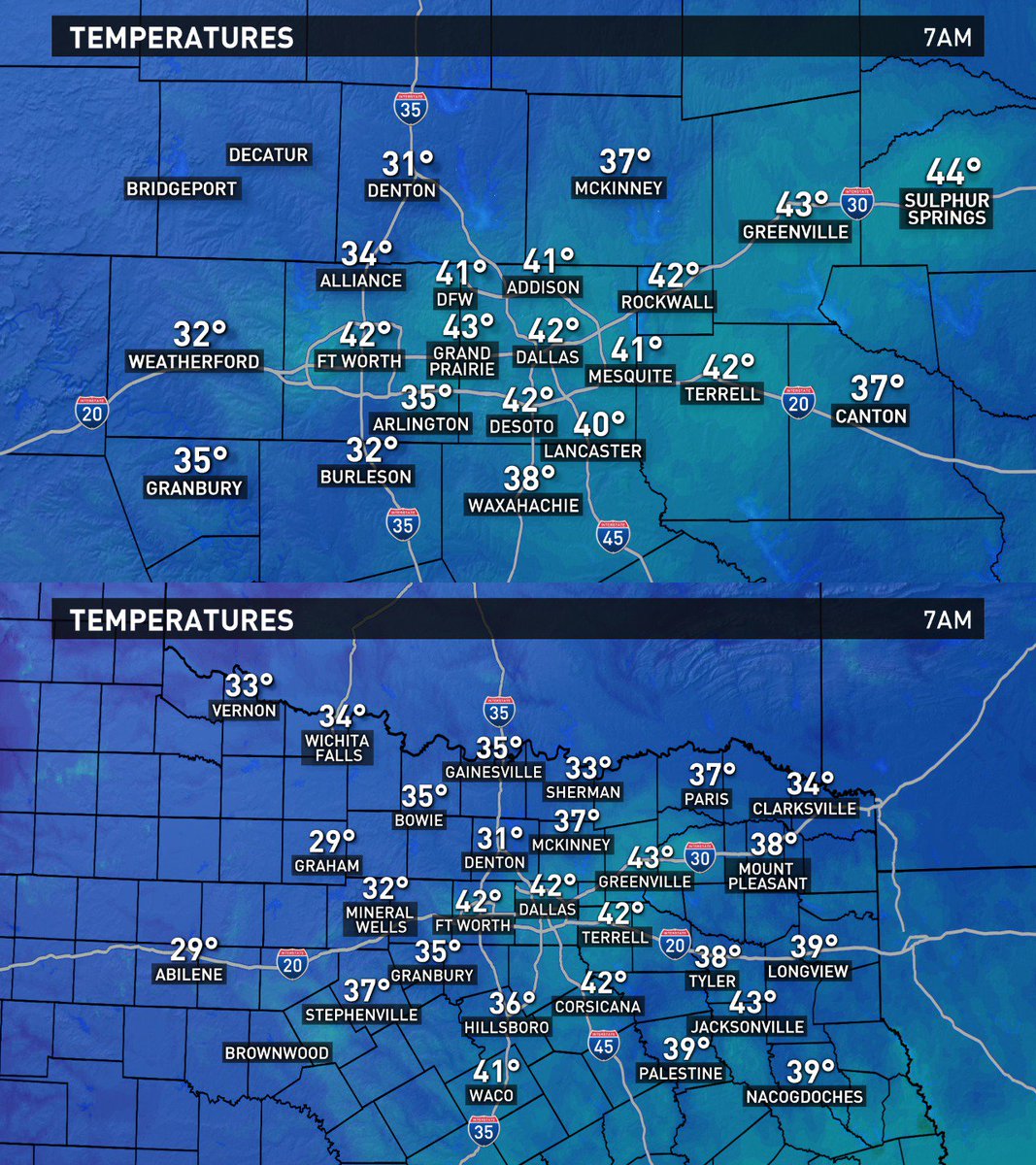 wfaaweather's tweet photo. COLD start to your Sunday! Even some places at or below freezing this morning! #wfaaweather https://t.co/vtjYioDc9o