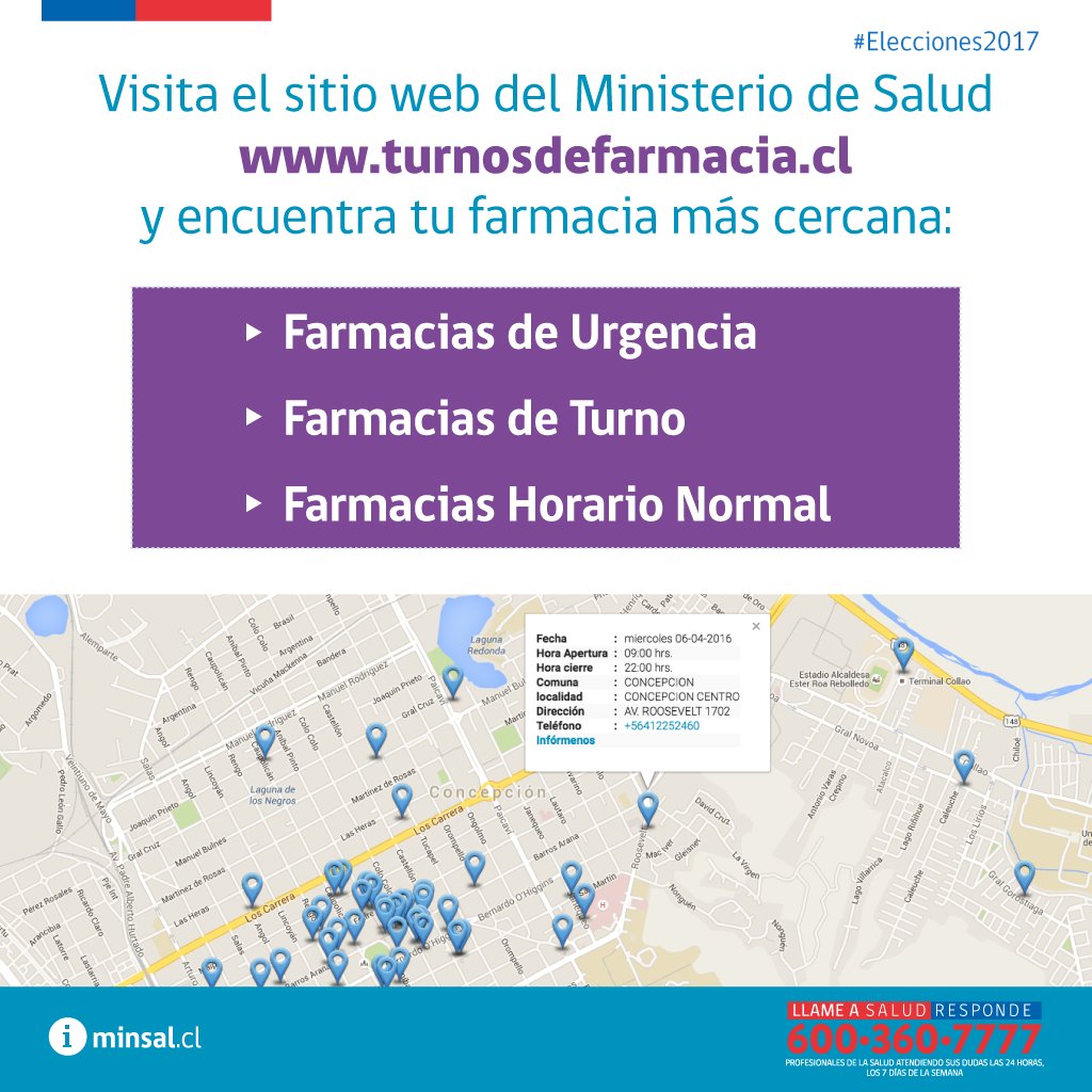 ministeriosalud's tweet image. Durante estas #Elecciones2017 puedes encontrar las farmacias de urgencias, turno u horario normal en turnosdefarmacia.cl o llamando a @Salud_Responde al 6003607777