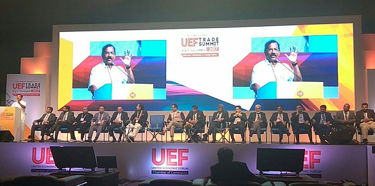 theUEF's tweet photo. The stage filled with members, #luminaries and our chief guest for the evening, Thiru K. Pandiarajan of #MAFOI, addressing the #delegates at the #UEFTradeSummit2017 
#business #trade #thoughtleaders https://t.co/dlthWDTCYK