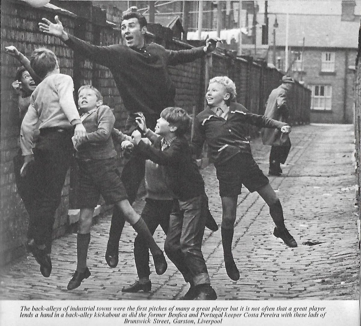 One of my favourite images. This is Costa Pereira, the former Benfica and Portugal international goalkeeper, playing football with the kids of Brunswick Street, Garston, Liverpool during his trip to England to play a charity match at Holly Park, South Liverpool FC, in 1968.