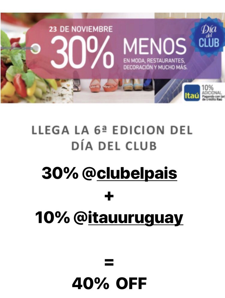mandingauruguay's tweet photo. Este 🌟JUEVES 23🌟 no te pierdas el descuento de ‘el día del club’.
Te descontamos hasta un 40% off con @clubelpais + @itau 😱😱😱😱😱😱😱😱😱 https://t.co/mBApsYI0iI
