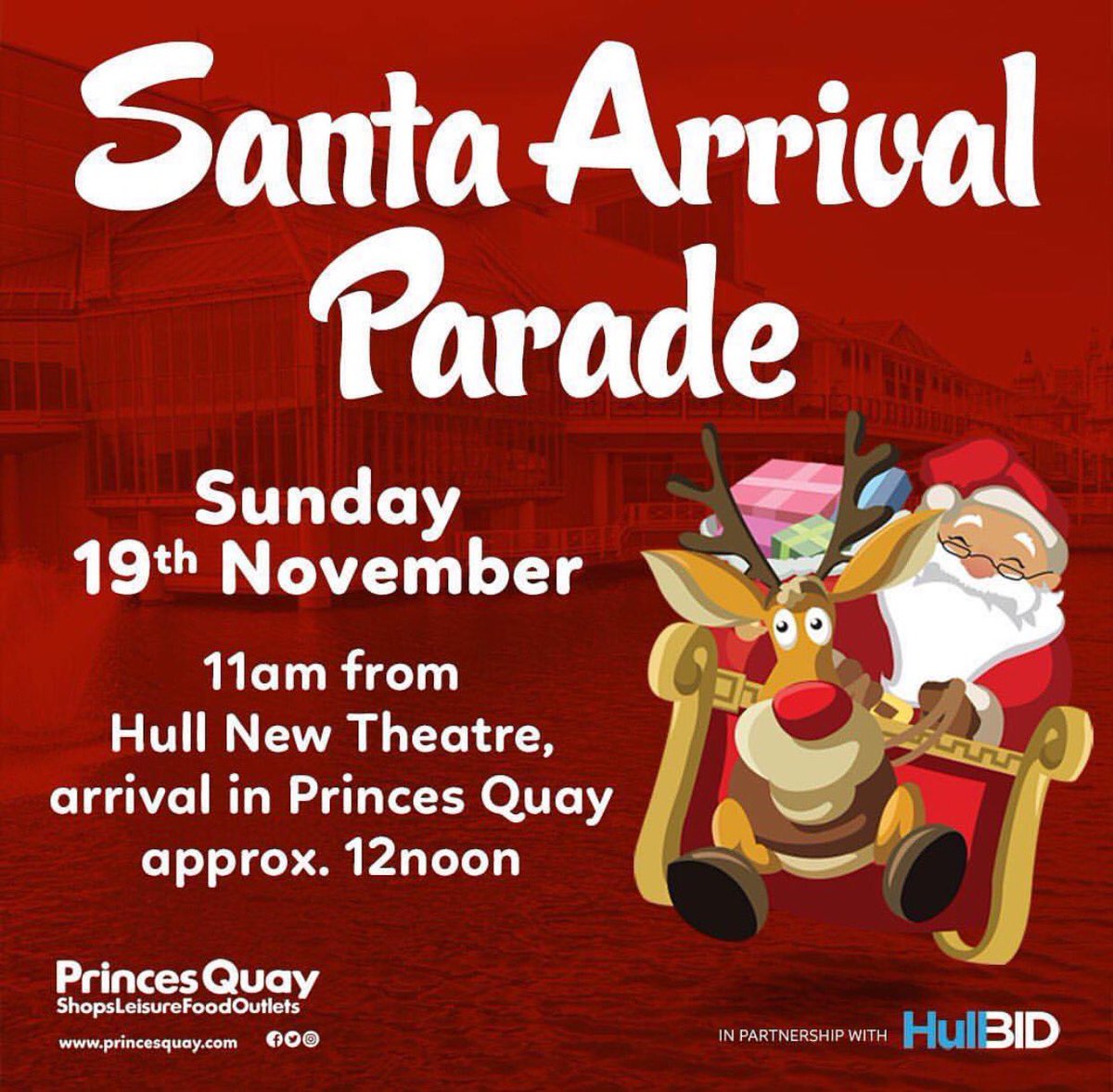 PrincesQuayHull's tweet photo. Today's the big day! We kick-start #Christmas & welcome #Santa to #Hull at our festive parade. Join us at 11am from @NewTheatreHull. Arriving at #PrincesQuay at 12noon to turn on the Centre lights & officially open our #PQExpress Grotto! π
π»π https://t.co/geXHgxryH7