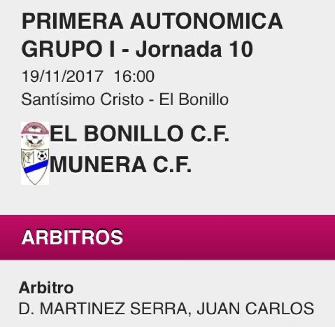 🏆 10ª Jornada, 1ª Autonómica  - Grupo I.
📆 Domingo 19 de Noviembre.
🕓 16:00 Horas.
🏟 Santísimo Cristo.
⚽️ <a href="/elbonillocf/">El Bonillo CF</a> 🆚 <a href="/munera_cf/">MuneraCF</a>.