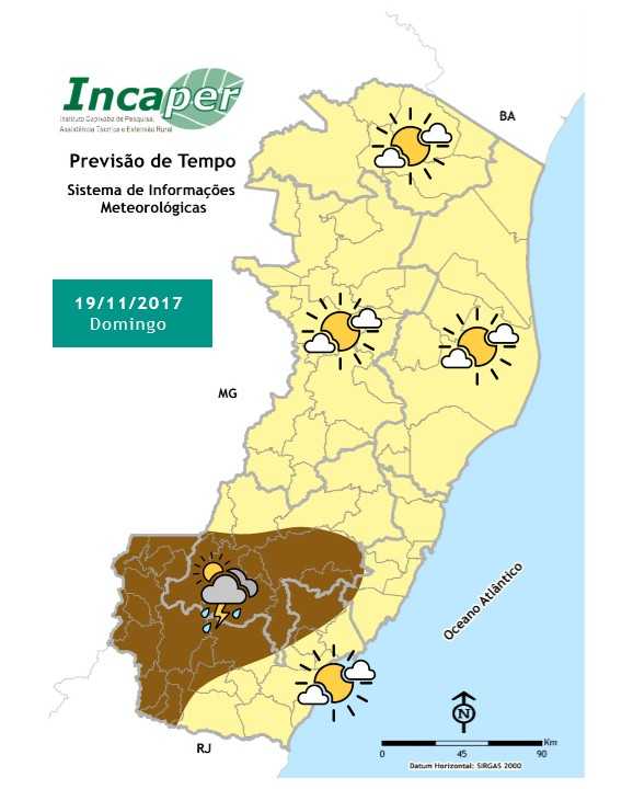Incaper's tweet image. Domingo continua com sol,possibilidade de chuva e trovoada em apenas uma parte do sul do estado. #Incaper #clima