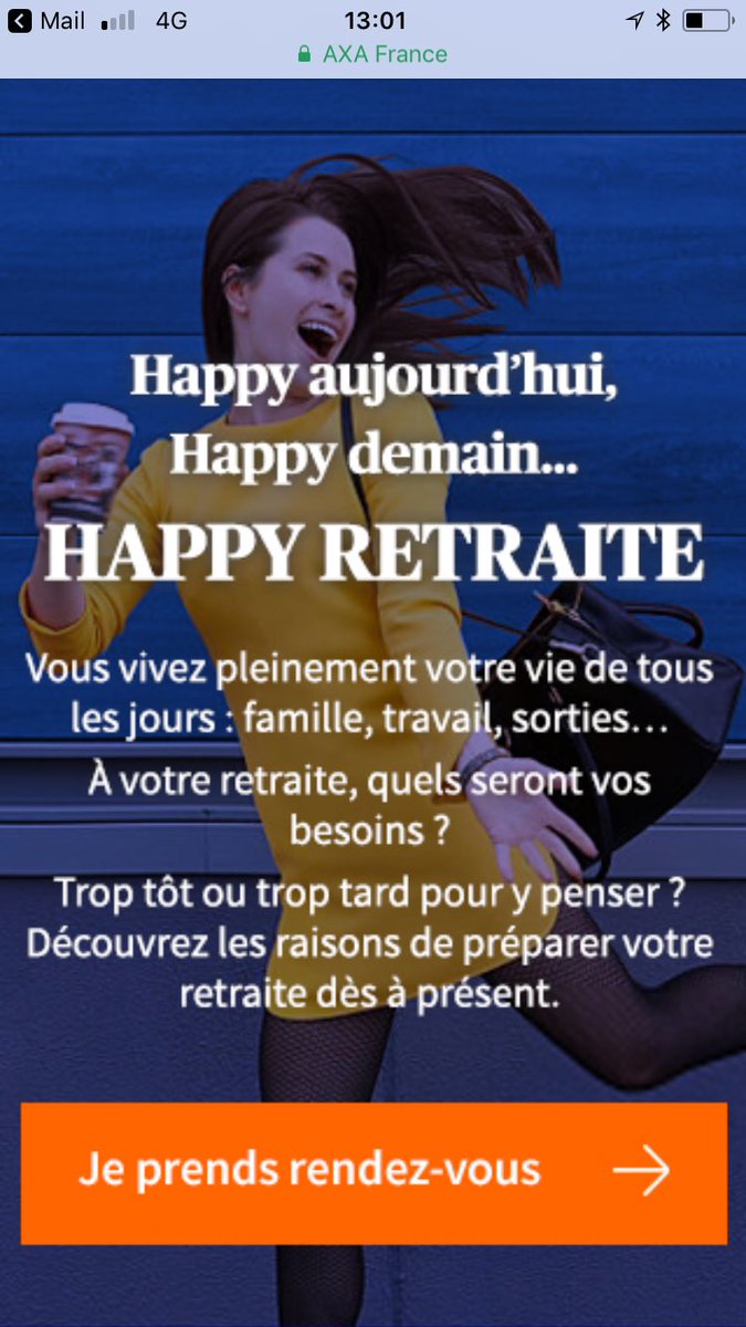 sophieChabanas's tweet photo. Avec moitié - de revenus à la retraite, mieux vaut anticiper ! #HappyRetraite la dernière campagne #Mkgmulticanal #AXA https://t.co/9W7k3dUaev
