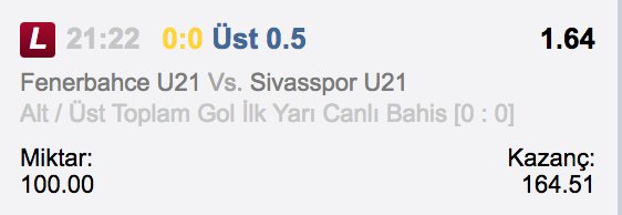 Fenerbahçe - Sivasspor U21
İY 0.5 Üst 1.64

Bol Şans!

#CANLI #Canlibahis #SuperbetindeKazandım