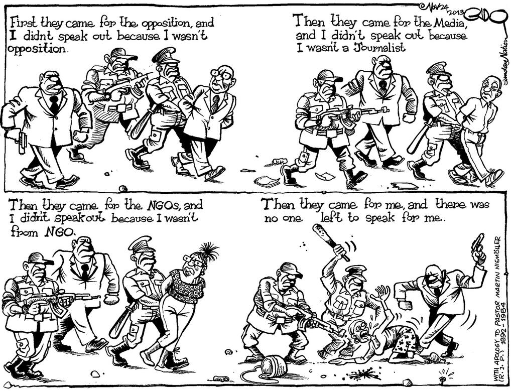 bonifacemwangi's tweet photo. First they came for the opposition, and I did not speak out—... Then they came for the media, and I did not speak out— Because I was not a journalist. Then they came for the NGOs, and I did not speak out—...
Then they came for me—and there was no one left to speak for me. #Kenya https://t.co/24CXDk5pT3