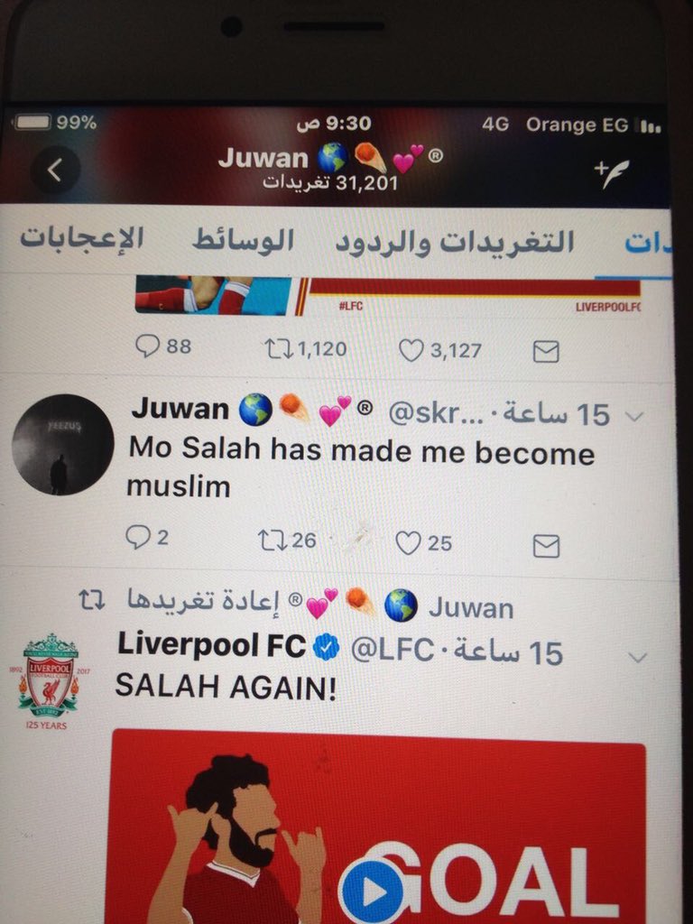 fh_c13's tweet photo. @22mosalah احد مشجعين فريق ليفربول ويسمى خوان ويقول صلاح جعلني اعتنق الاسلام الله عليك ياصلاح انشاء الله نصف مشجعينك هيسلموا علي ايديك https://t.co/pDTwO0OV0z
