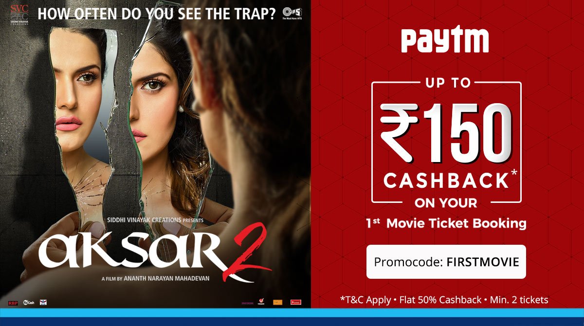Love thrillers? Watch #Aksar2 this weekend! Get up to ₹150 Cashback* on your 1st ticket booking. Use code: FIRSTMOVIE. m.p-y.tm/tas2