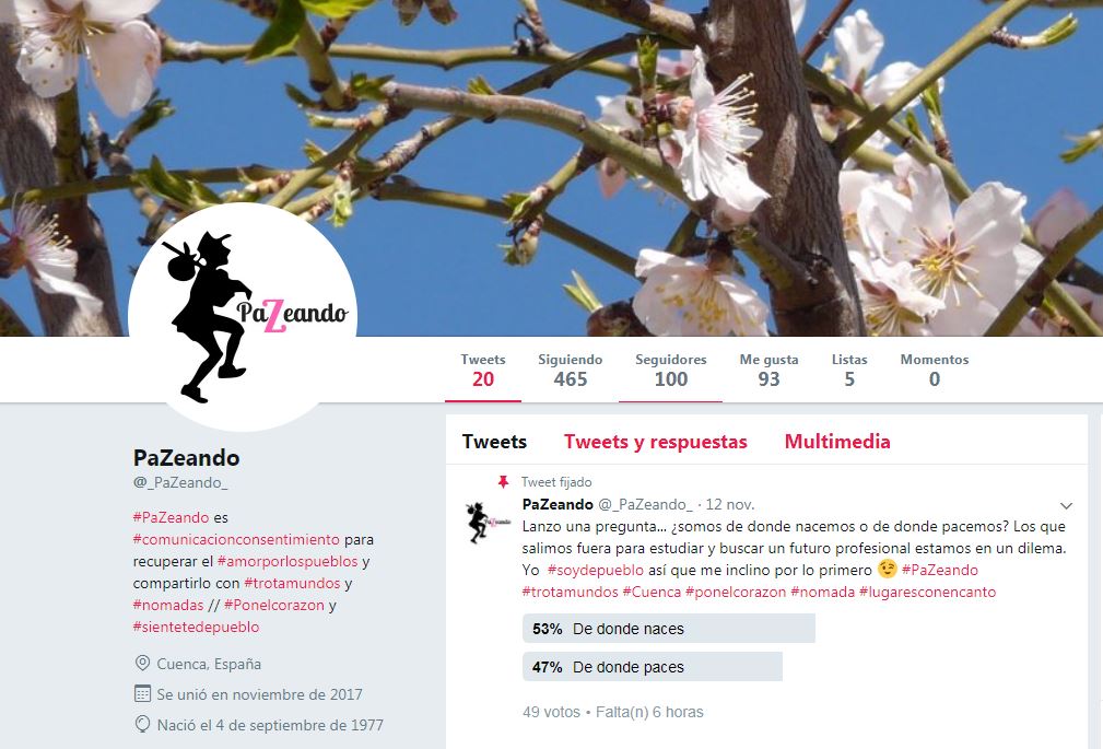 _PaZeando_'s tweet photo. Ya 100 seguidores... ¡Muchísimas gracias a tod@s!
Os animo a seguir votando en la encuesta
#PaZeando #soydepueblo #trotamundos #nomada #experiencias #ponelcorazon #comunicacionconsentimiento #lugaresconencanto #sientetedepueblo #cuenca #castillalamancha #nacesOpaces https://t.co/Y1SIEalkYy